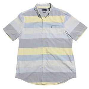 Chaps Shirt Mens Large Blue Yellow Striped Short Sleeve Button Down Easy Care‎